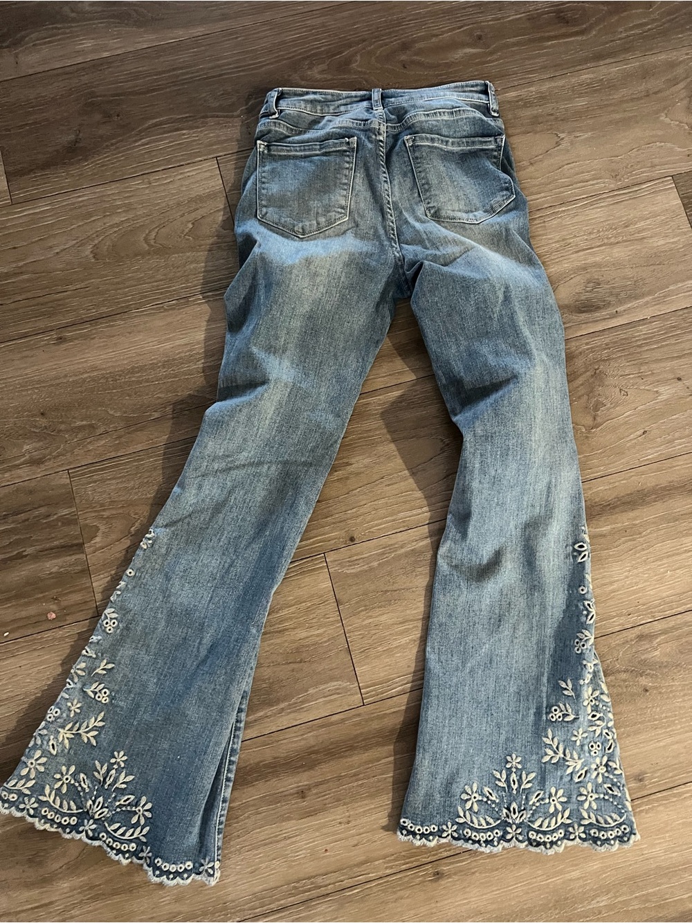 DRIFTWOOD denim Blue Embroidered cutout Flare Jeans HTF - Picture 3 of 5